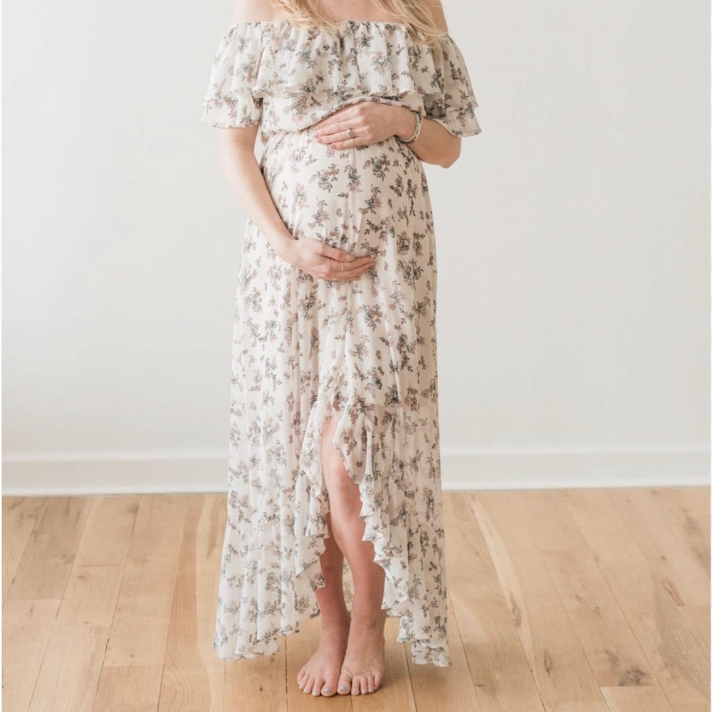 Pinkblush Maternity Cream Floral Off-Shoulder Maxi Dress